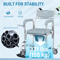 Rolling Shower Chair, Bedside Commode Chair with Wheels, Backrest, Arms, Flip Footrests for Seniors, Disabled, Grey