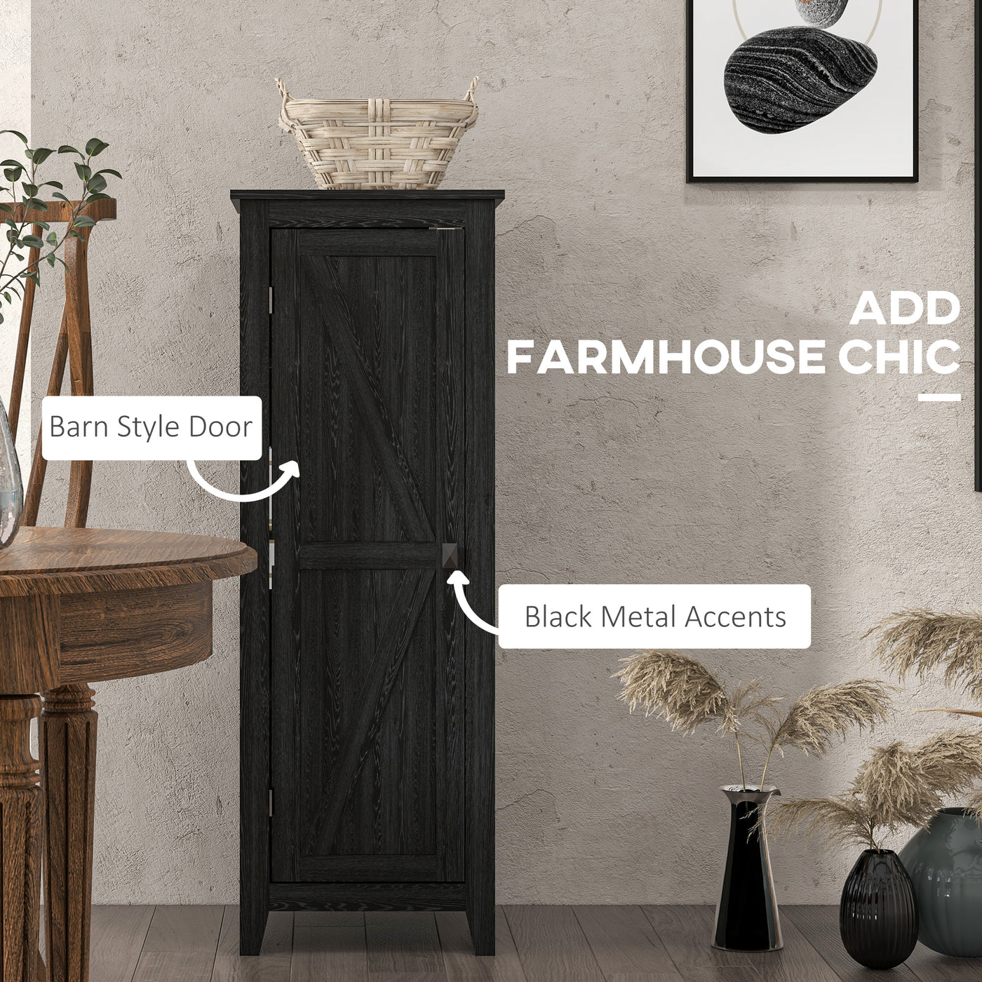 48" Farmhouse Kitchen Pantry Storage Cabinet with Barn Door, Kitchen Pantry Cabinet with Adjustable Shelves, Black