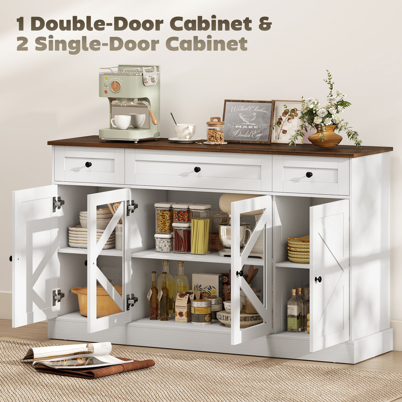 Sideboard Buffet Cabinet, 54" Farmhouse Kitchen Storage Cabinet with Acrylic Barn Doors and 3 Drawers, White Wood Grain