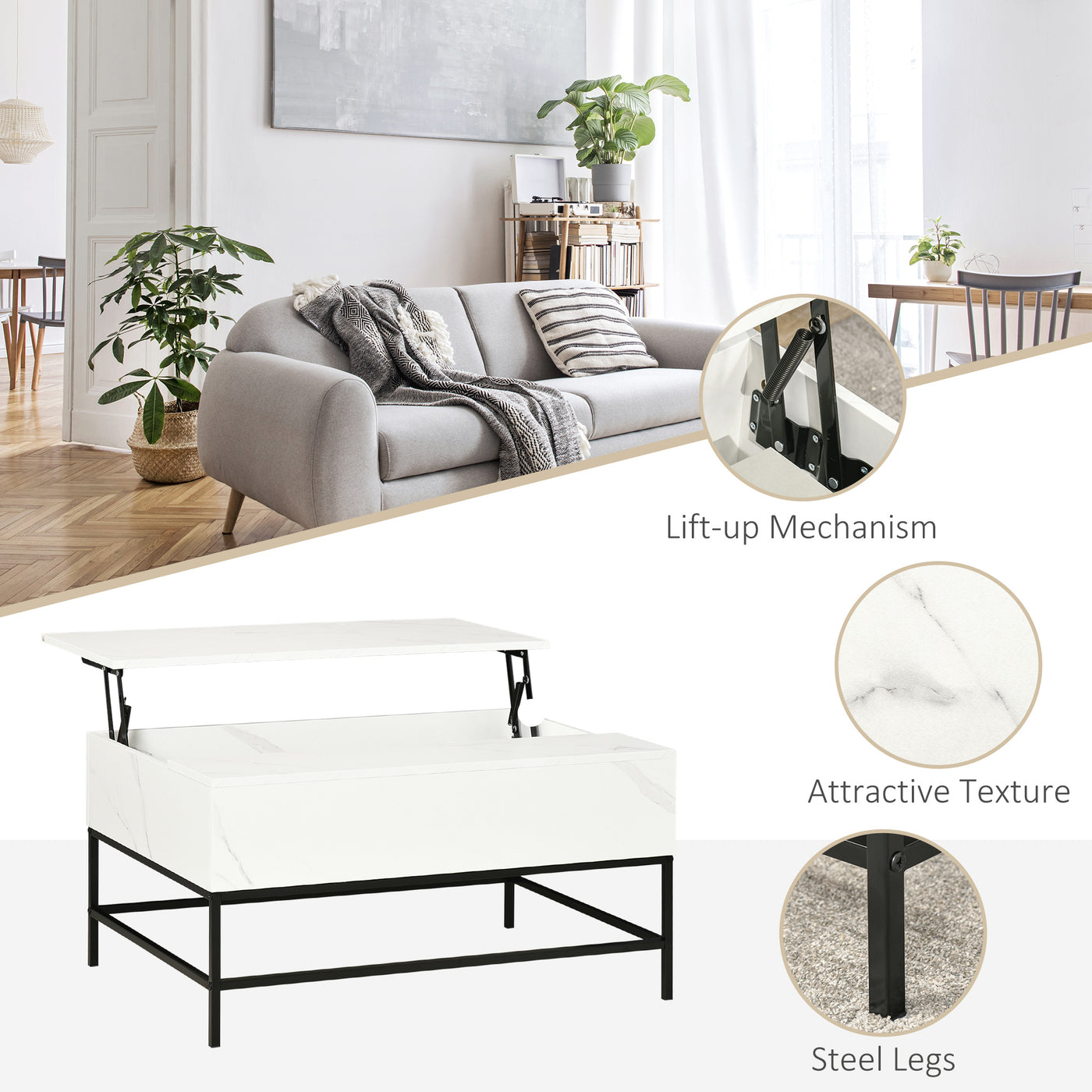 Lift Top Coffee Table with Hidden Storage Compartment Lift Tabletop Center Table for Living Room, White