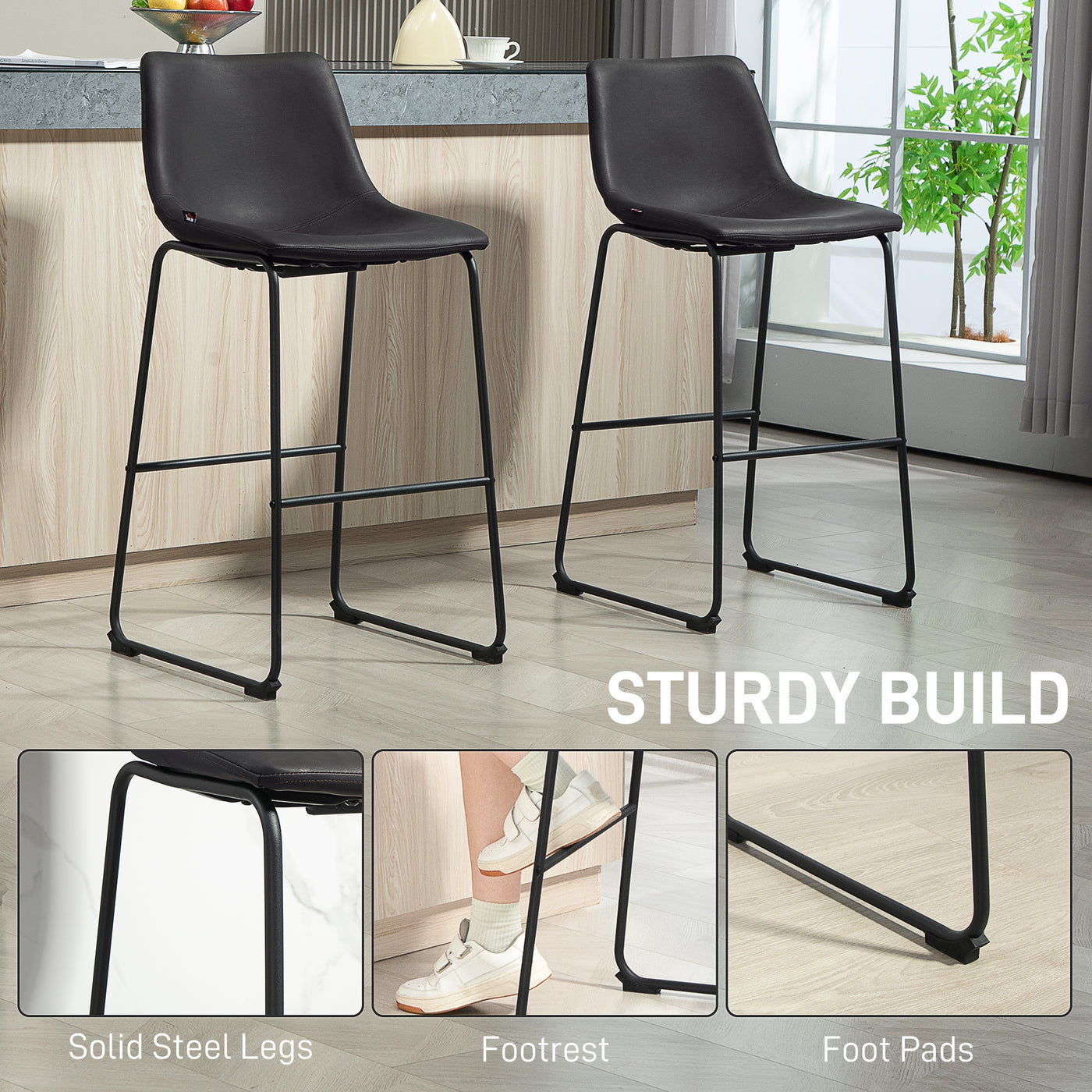 Counter Height Bar Stools Set of 2, Vintage PU Leather Bar Chairs, Kitchen Stool with Footrest, Dark Brown