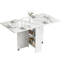 Extendable Dining Table, Collapsible Folding Table with 2-tier Shelves and Rolling Casters, Marble White