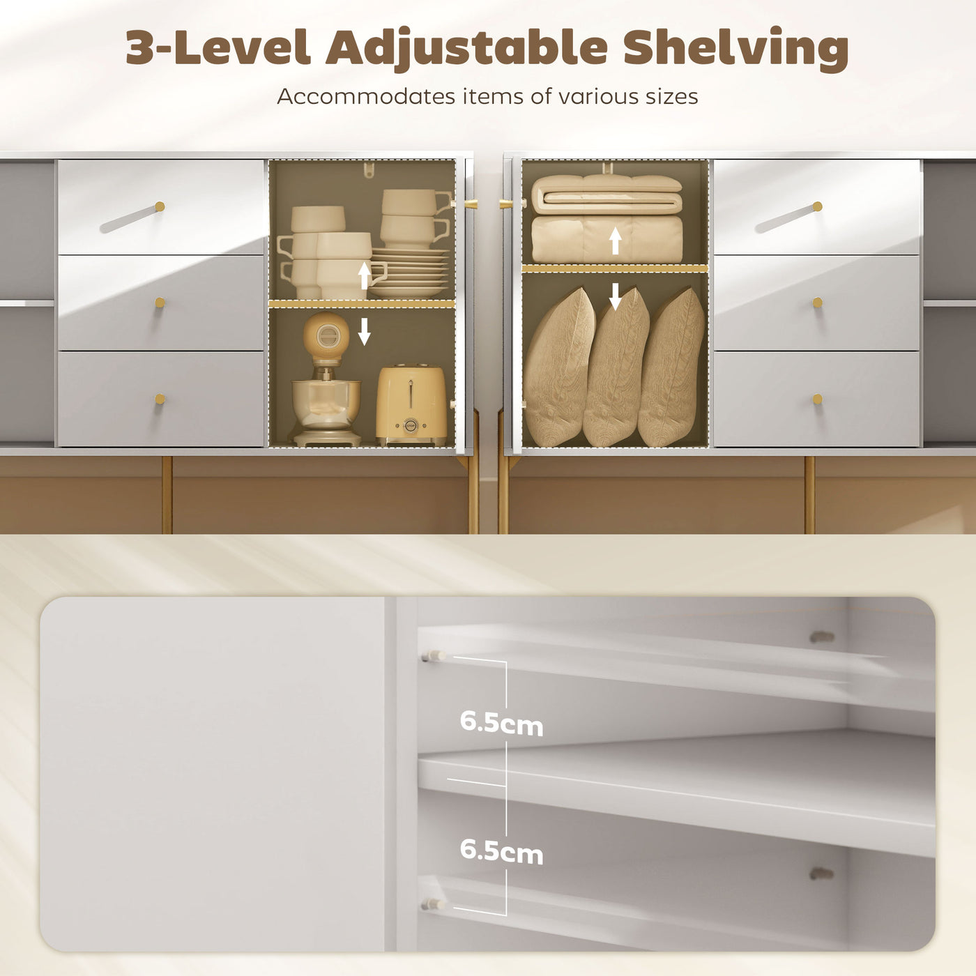 Buffet Cabinet, Modern Sideboard with 3 Soft-Close Drawers and 2 Adjustable Shelves for Living Room, Kitchen, White