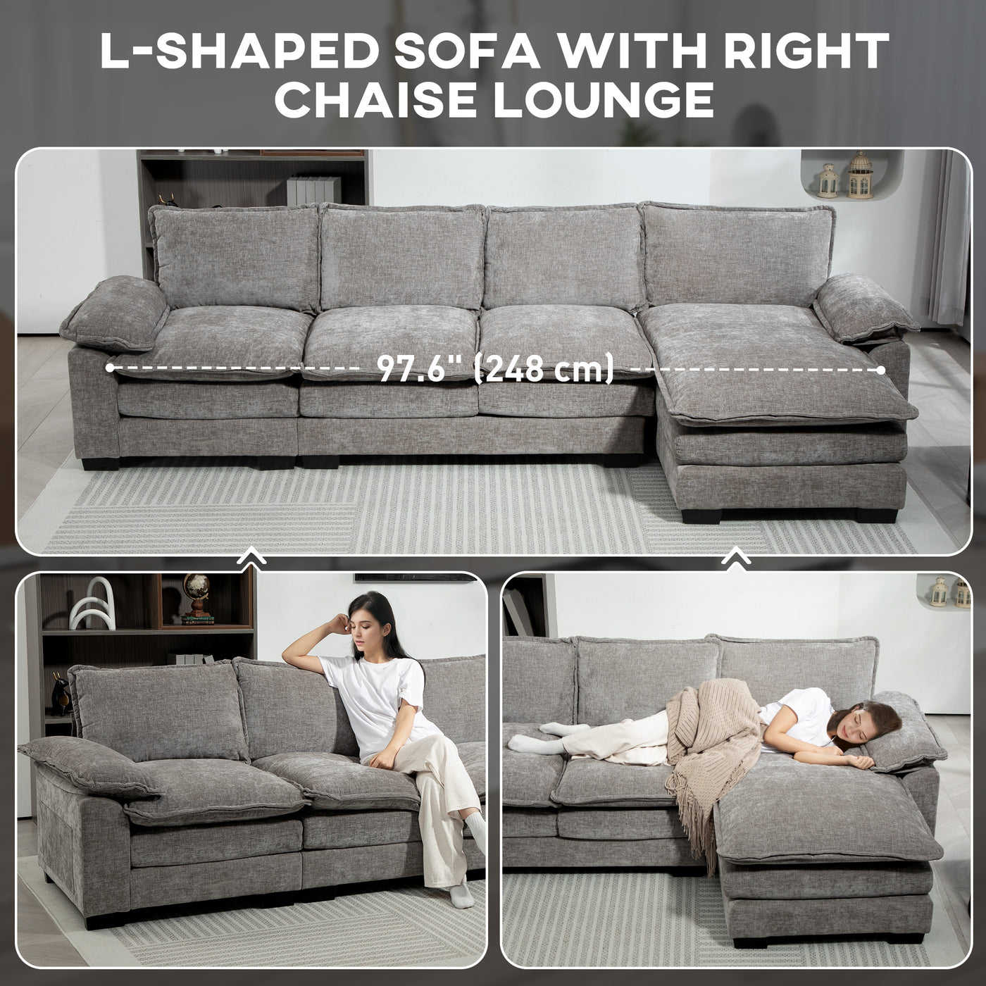 Sofa Couch with Chaise Lounge, Chenille L-shaped Couch with Double-layer Seat Cushion for Living Room, Grey