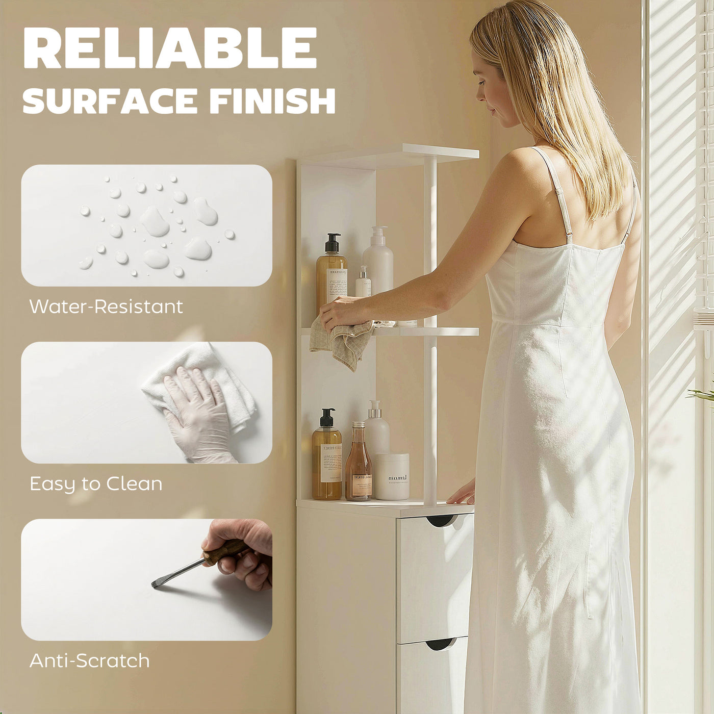 Tall Bathroom Storage Cabinet, Narrow Bathroom Cabinet with Drawers and Open Shelves for Small Spaces, White