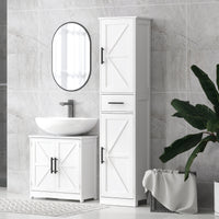 67" Tall Bathroom Cabinet, Narrow Bathroom Storage Cabinet with Drawer, Barn Doors and Adjustable Shelves, White
