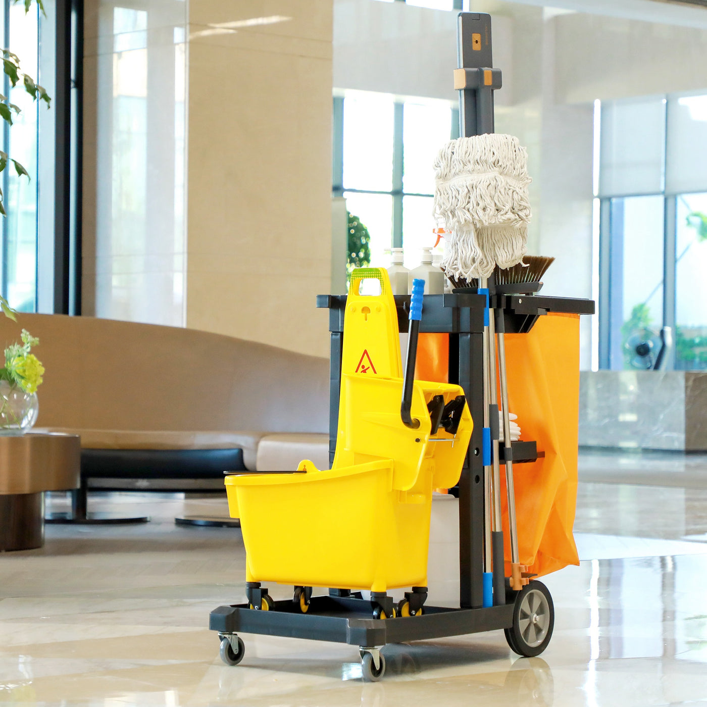 Janitorial Cart with 3 Shelves, Cleaning Cart on Wheels with Rubbish Bag and Mop Holders for Hotel, Housekeeping, Black