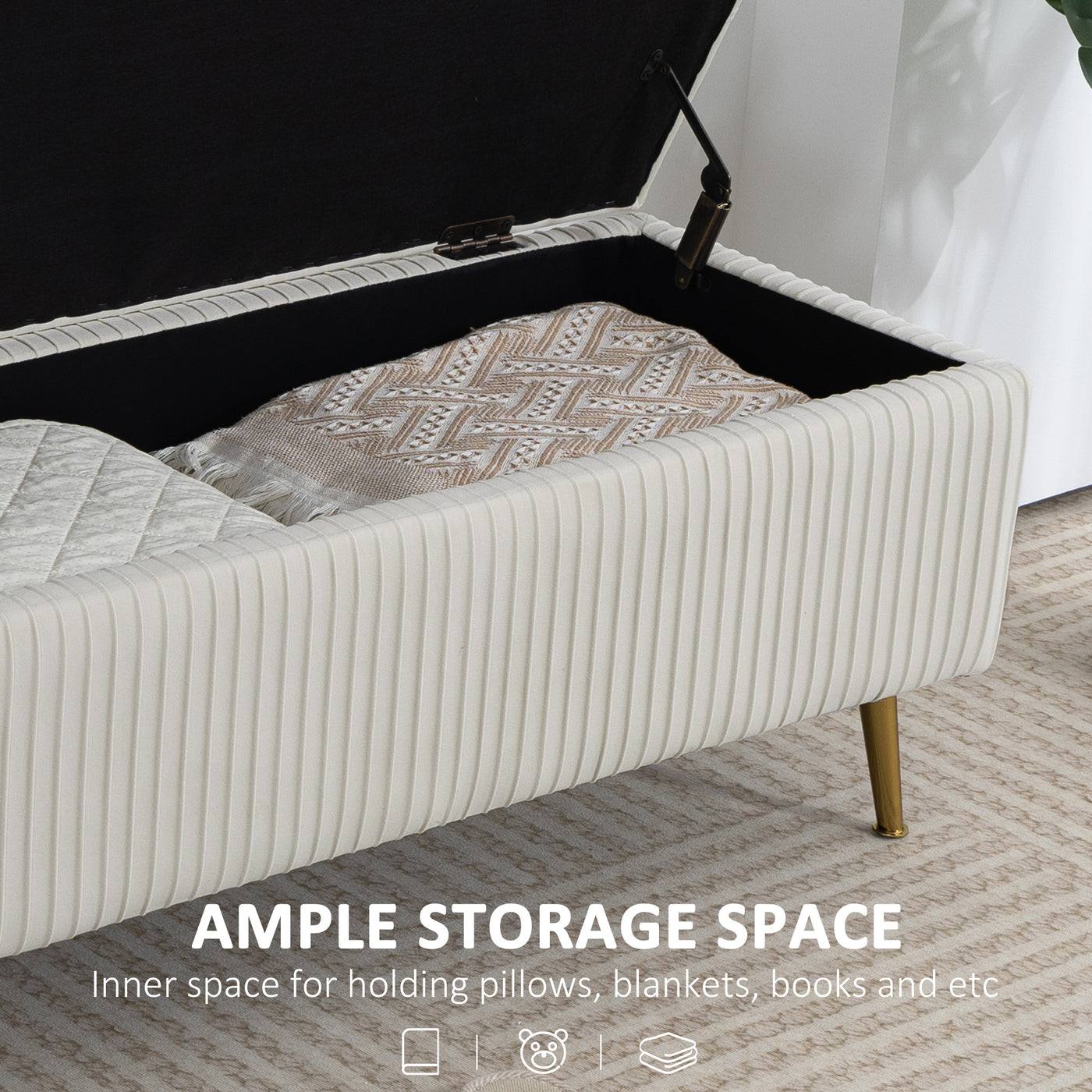 Storage Ottoman Bench, 43 Inch Large Storage Chest with Steel Legs and Padded Seat, Foot Rest, Load 485 lbs, Beige