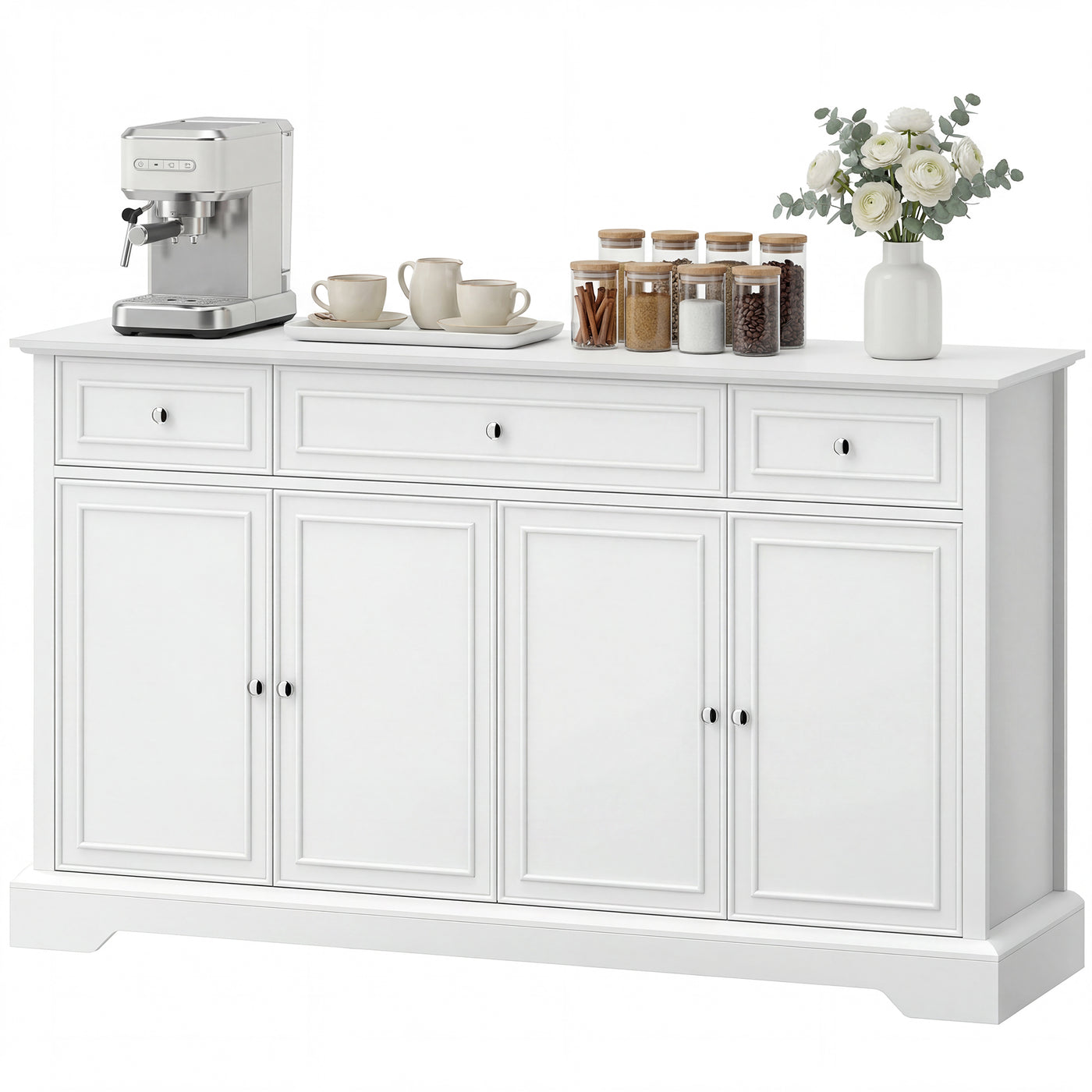Sideboard Buffet Cabinet, 54" Kitchen Storage Cabinet with Soft-Close Doors, 3 Drawers and 2 Adjustable Shelves, White