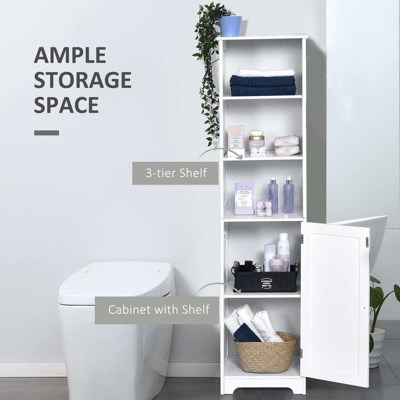 Tall Bathroom Storage Cabinet, Freestanding Tower Cabinet with Adjustable Shelf, 3 Open Shelves, White