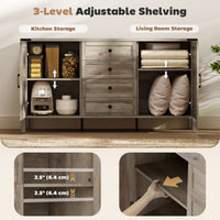 59" Buffet Cabinet, Farmhouse Sideboard with Thick Top, 2 Barn Doors, 4 Drawers and 2 Adjustable Shelves, Grey