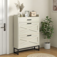 Slim Shoe Storage with 2 Flip Drawers and Adjustable Shelves Shoe Cabinet Organizer for 12 Pair, Distressed White
