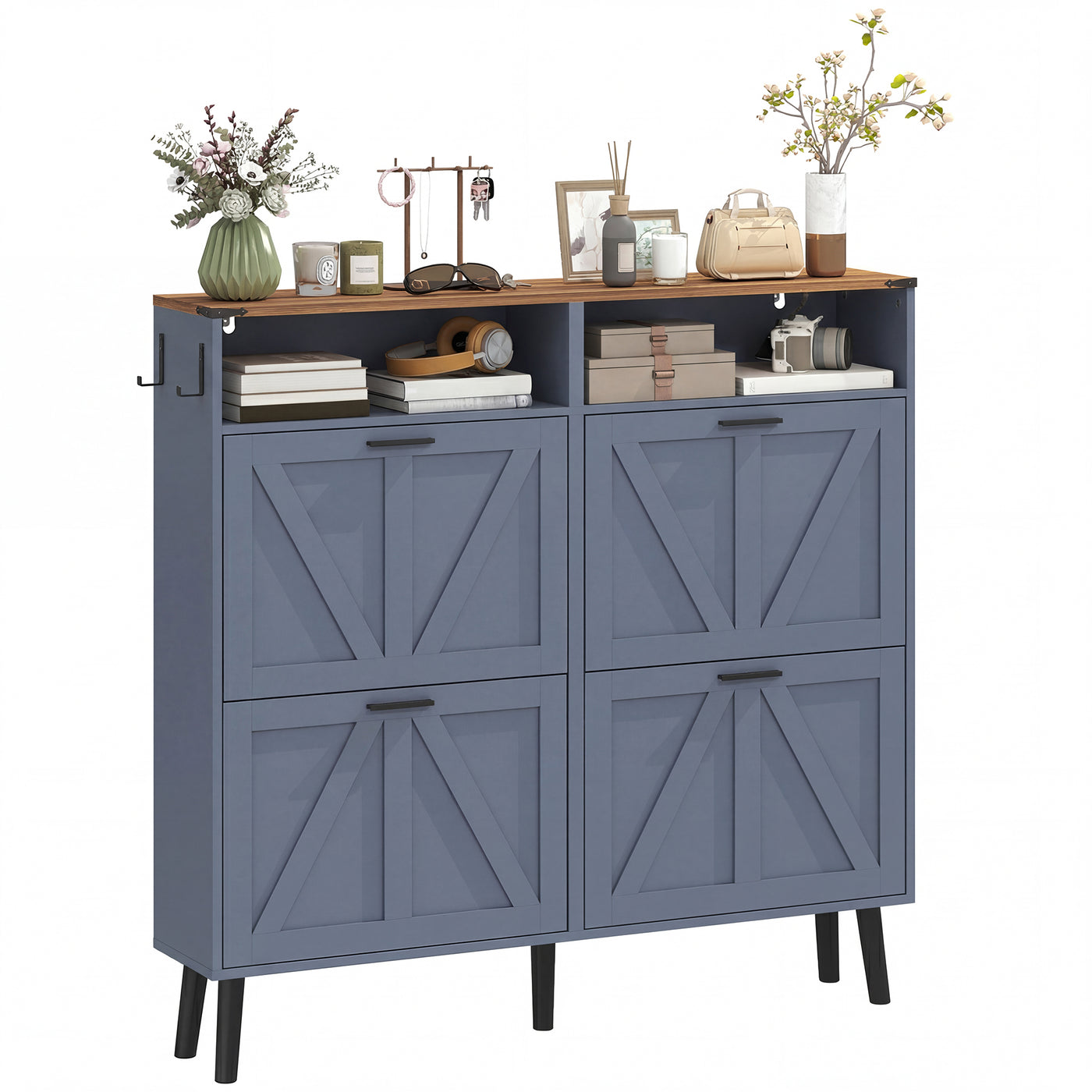 Shoe Storage Cabinet with 4 Flip Drawers, Farmhouse Narrow Shoe Cabinet, Holds Up to 24 Pairs, Blue