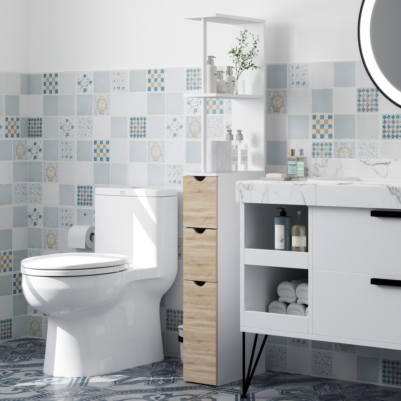 Tall Bathroom Storage Cabinet, Narrow Bathroom Cabinet with Drawers and Open Shelves for Small Spaces, Natural Wood