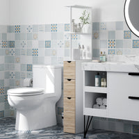 Tall Bathroom Storage Cabinet, Narrow Bathroom Cabinet with Drawers and Open Shelves for Small Spaces, Natural Wood