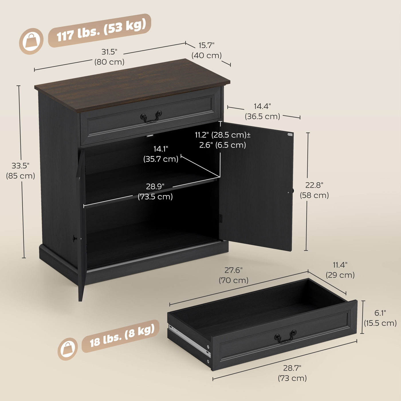 Buffet Cabinet, 32" Farmhouse Sideboard with Thick Top, Quiet Drawer and Adjustable Shelf, Black Wood Grain