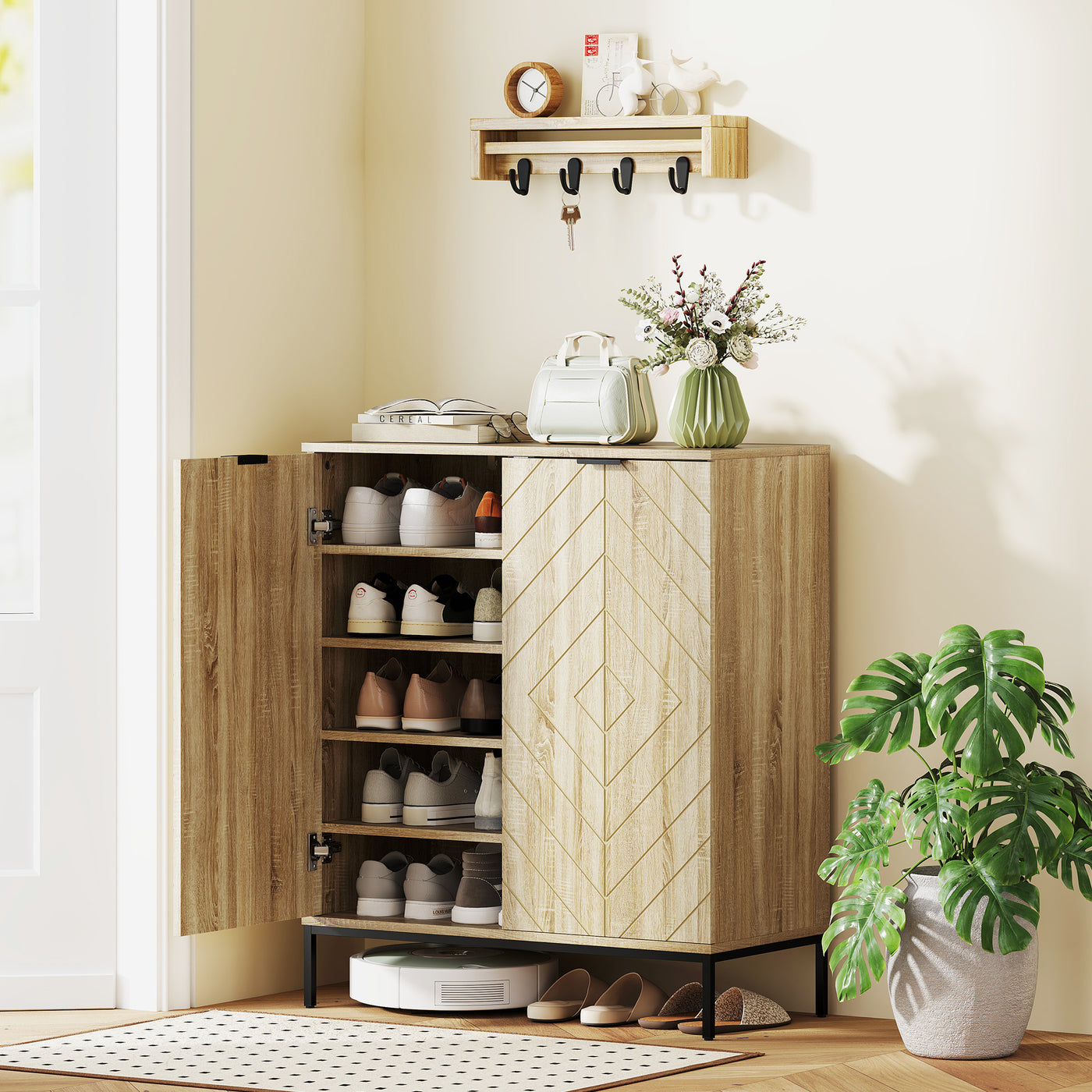 Shoe Storage Cabinet for 15 Pairs, Freestanding Shoe Cabinet with Doors and Adjustable Shelves for Hallway, Oak