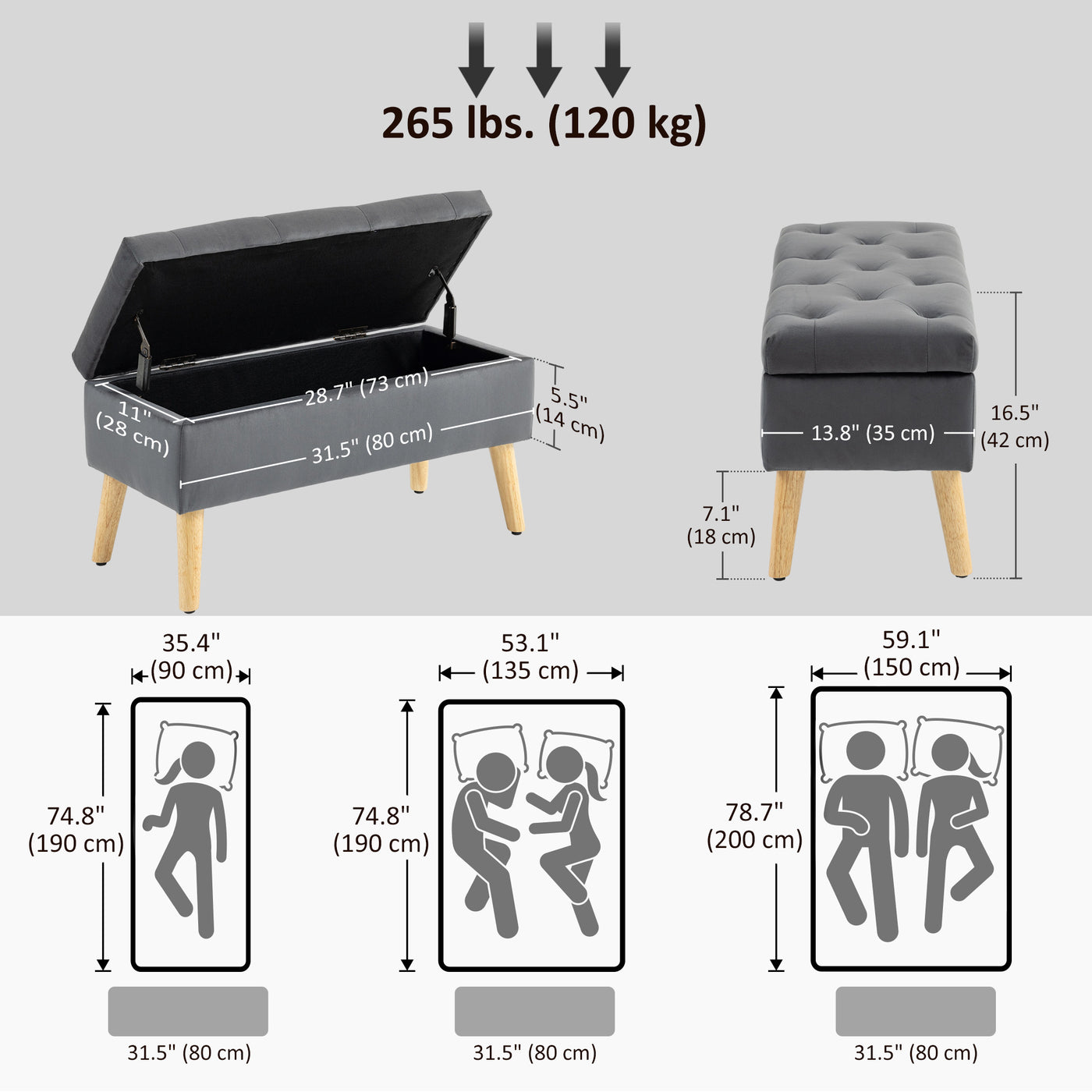 Storage Ottoman with Lid, Velvet Upholstered Storage Bench with Wood Legs for Living Room, Charcoal Grey