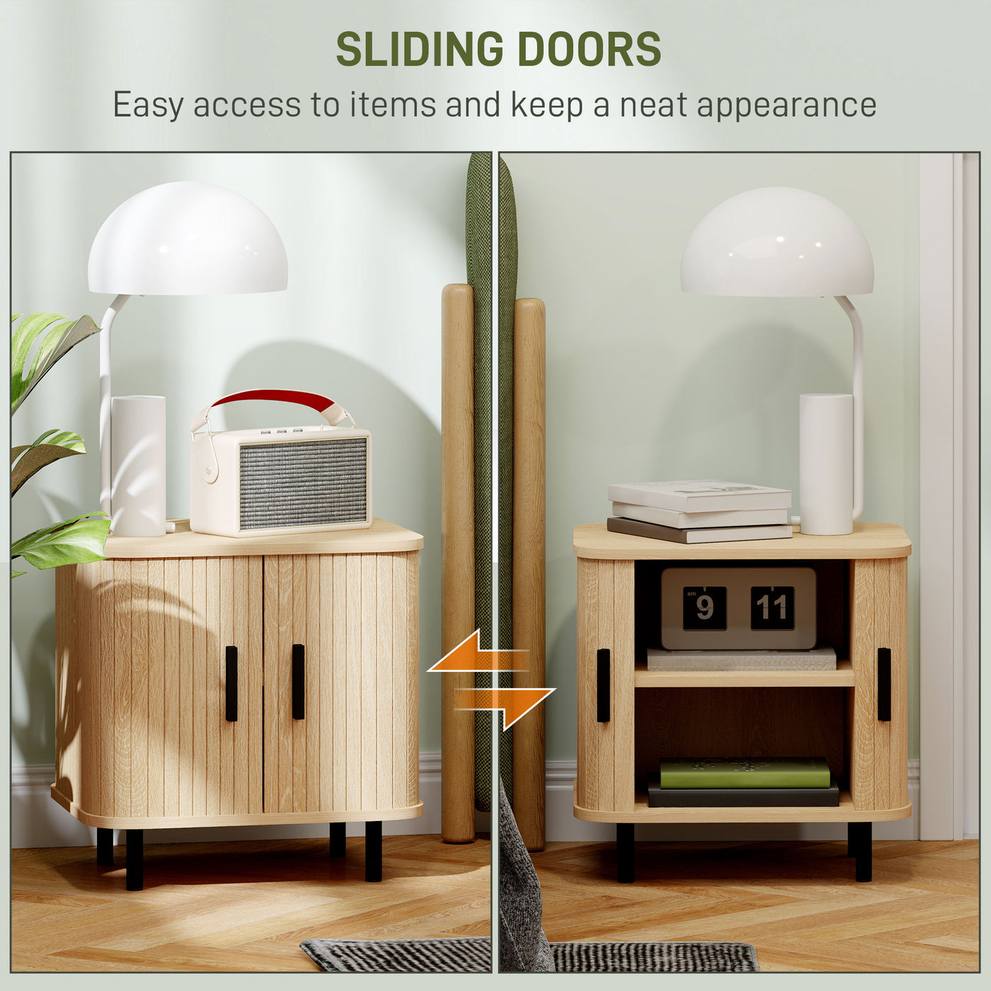 Nightstand Set of 2, Side Table with Shutter Doors, Sofa End Table with Steel Frame, for Bedroom, Living Room, Oak