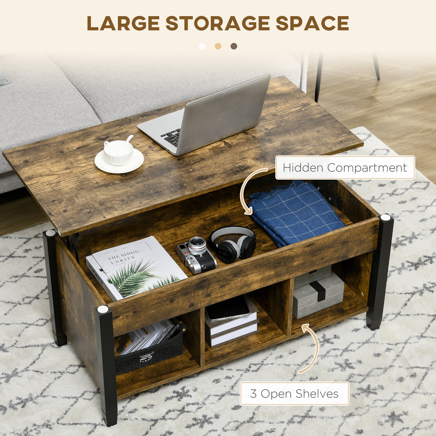Lift Top Coffee Table, Modern Center Table with Storage Shelves and Hidden Compartment for Living Room, 41" L