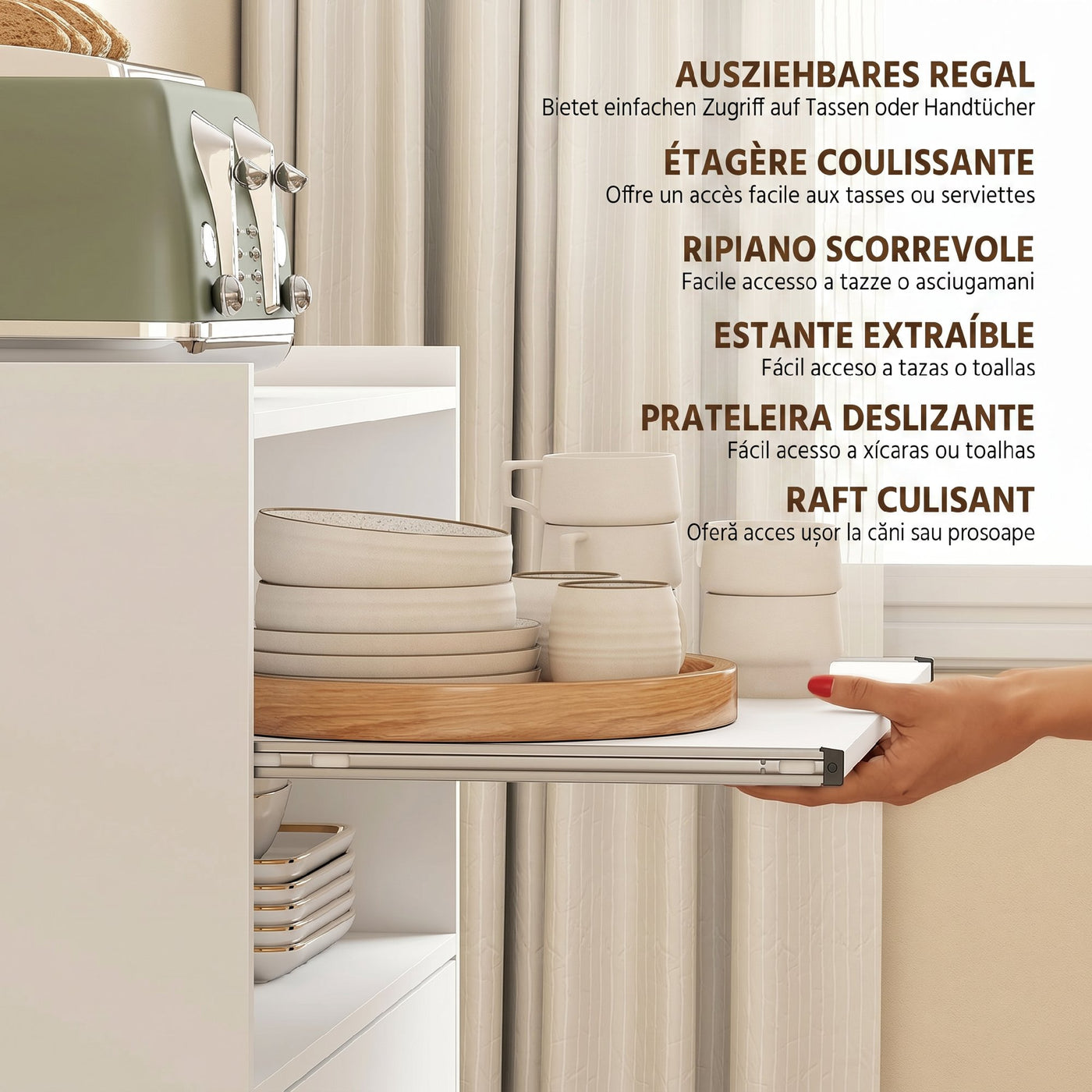 Microwave Cart with Wheels, Microwave Stand with Worktop, Open Shelves and Drawer, Storage Cabinet, White
