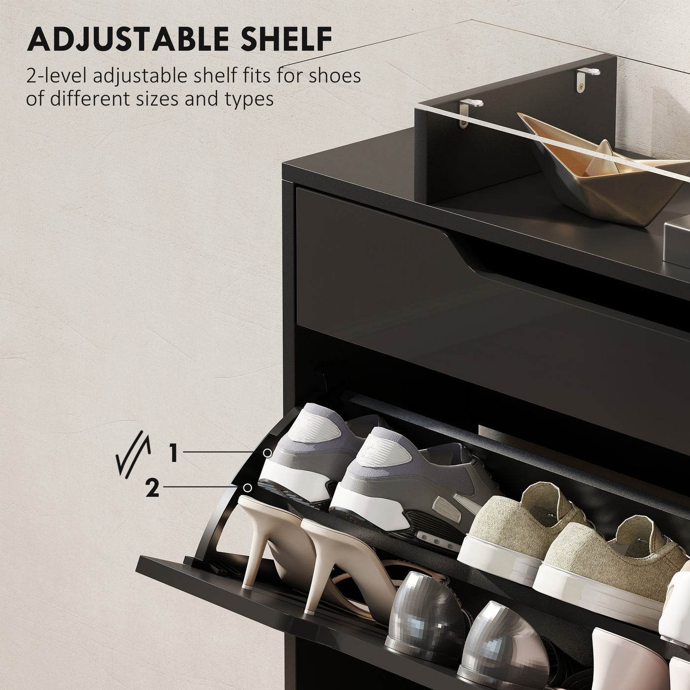 High Gloss Shoe Cabinet with 2 Flip Drawers and Adjustable Shelves, Narrow Shoe Storage Cabinet with Glass Top, Black