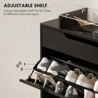 High Gloss Shoe Cabinet with 2 Flip Drawers and Adjustable Shelves, Narrow Shoe Storage Cabinet with Glass Top, Black