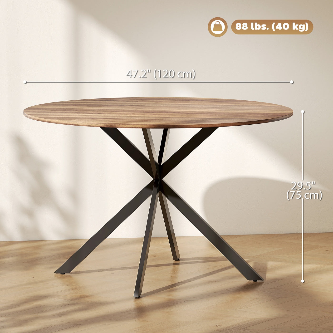 47" Round Kitchen Table for 4, Industrial Dining Table with Steel Legs for Dining Room, Dark Brown and Black