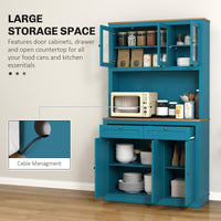 71" Pantry Cabinet with Microwave Space, Buffet with Hutch, 2 Drawers, Adjustable Shelves and Glass Doors, Navy Blue