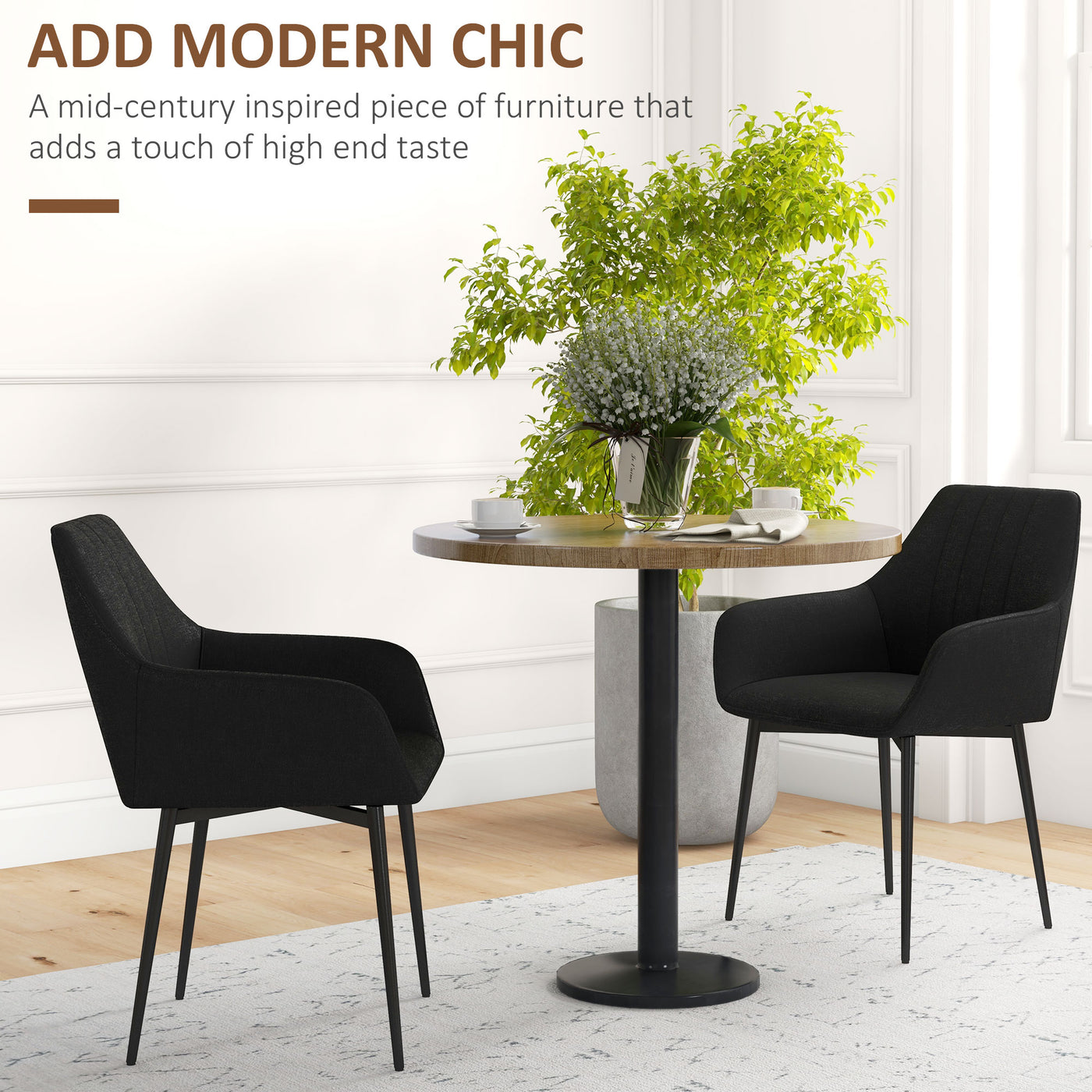 Dining Chairs Set of 2, Upholstered Linen Fabric Accent Chairs with Metal Legs, Black