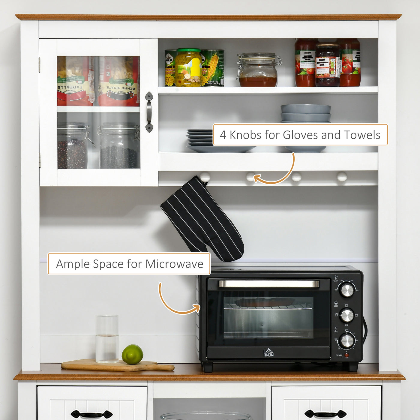 71" Kitchen Buffet with Hutch, Farmhouse Style Storage Cupboard with Utility Drawer, 3 Door Cabinets and 5-tier Shelves, White