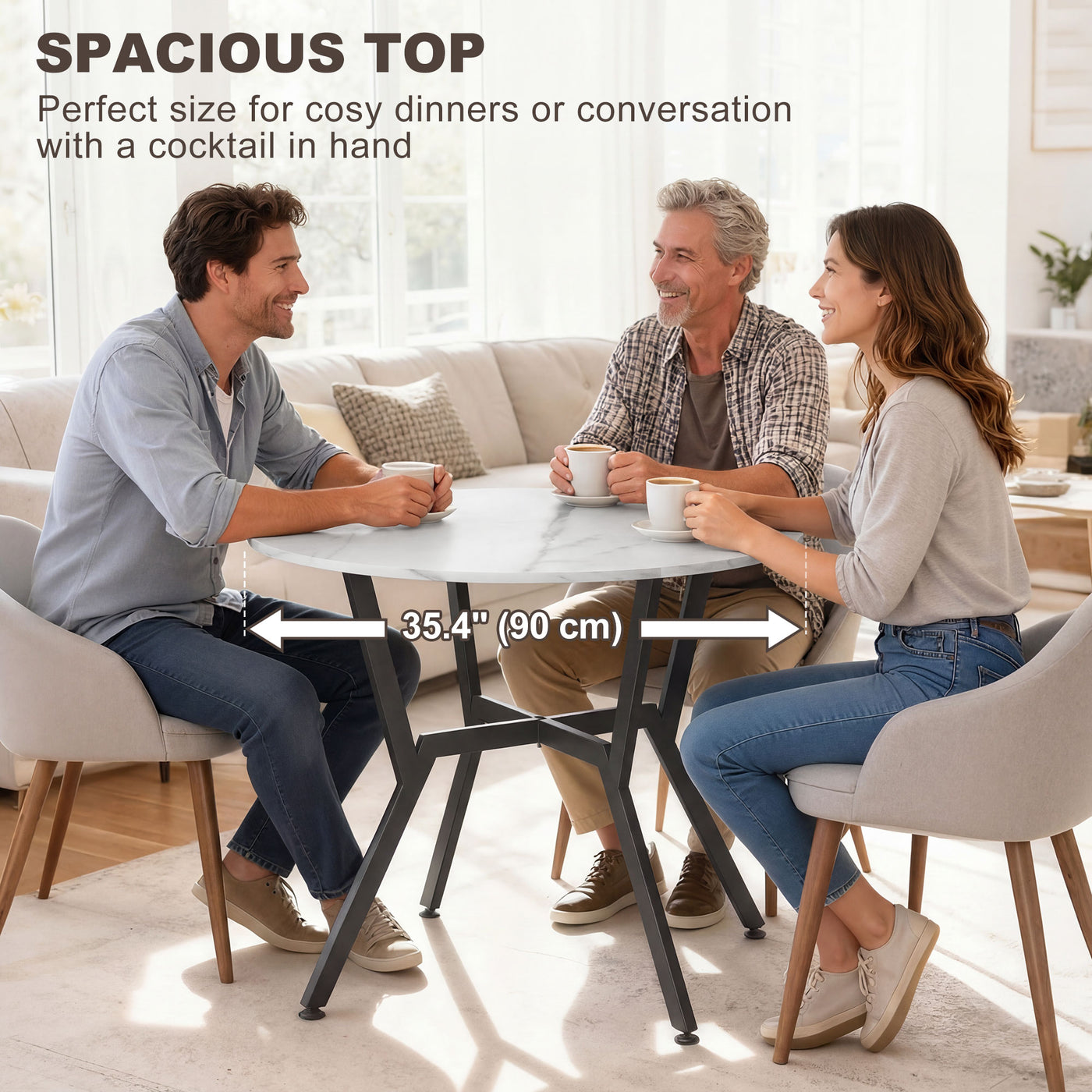 35" Round Dining Table, Modern Dining Room Table with Steel Frame, Space Saving Small Kitchen Table, White Marble
