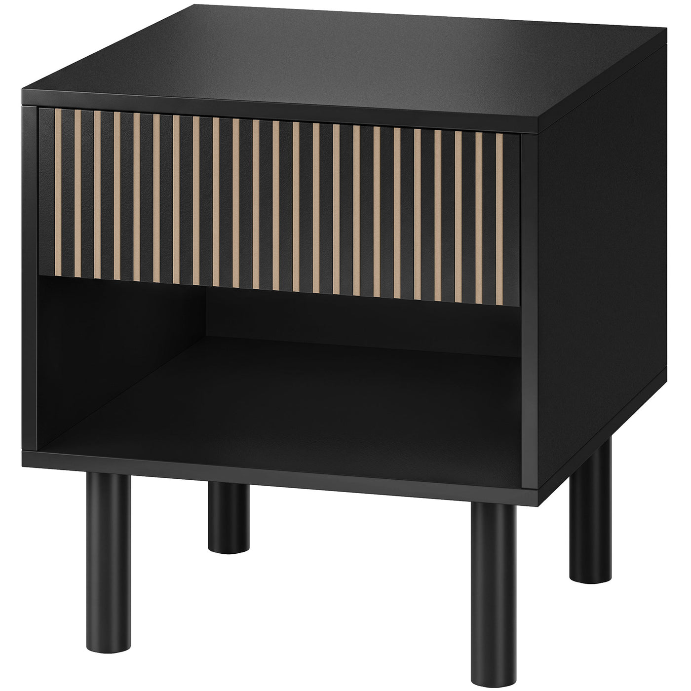 Modern Bedside Table with Drawer and Open Shelf, Sofa Side Table for Bedroom Living Room, Black