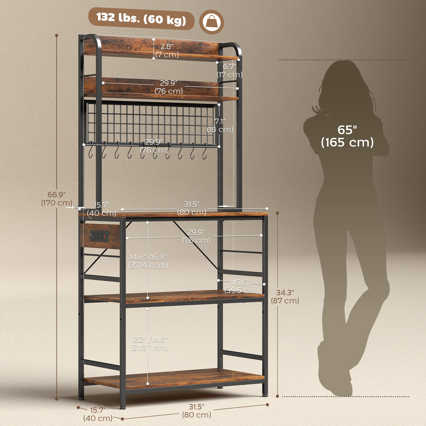 Kitchen Baker's Rack with Power Outlet and LED Light, 5-Tier Coffee Bar Station with 10 Hooks, Rustic Brown