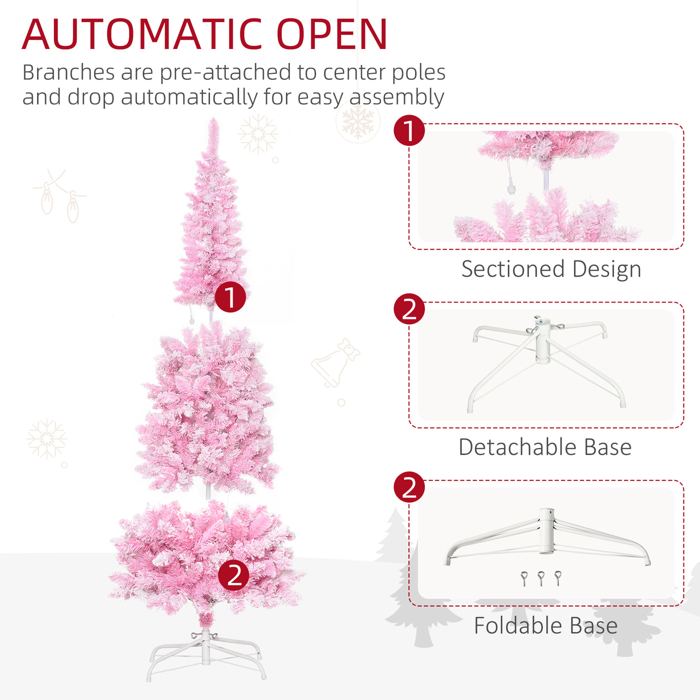 6 Foot Prelit Snow Flocked Artificial Christmas Tree with Pencil Shape, 500 Pine Realistic Branches, Warm White LED lights, Auto Open, Pink and White