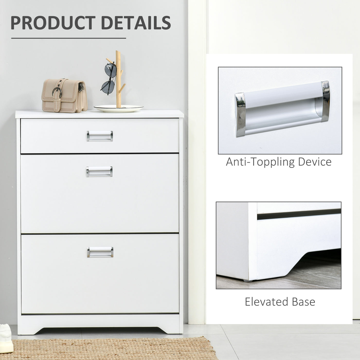 Narrow Shoe Storage with Drawer, 2 Flip Doors and Adjustable Shelves, Shoe Cabinet for 16 Pairs of Shoes, White