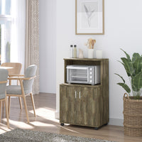 Microwave Cart on Wheels Utility Trolley Storage Sideboard Bookcase with 2-door Cabinet, Grey Wood Grain
