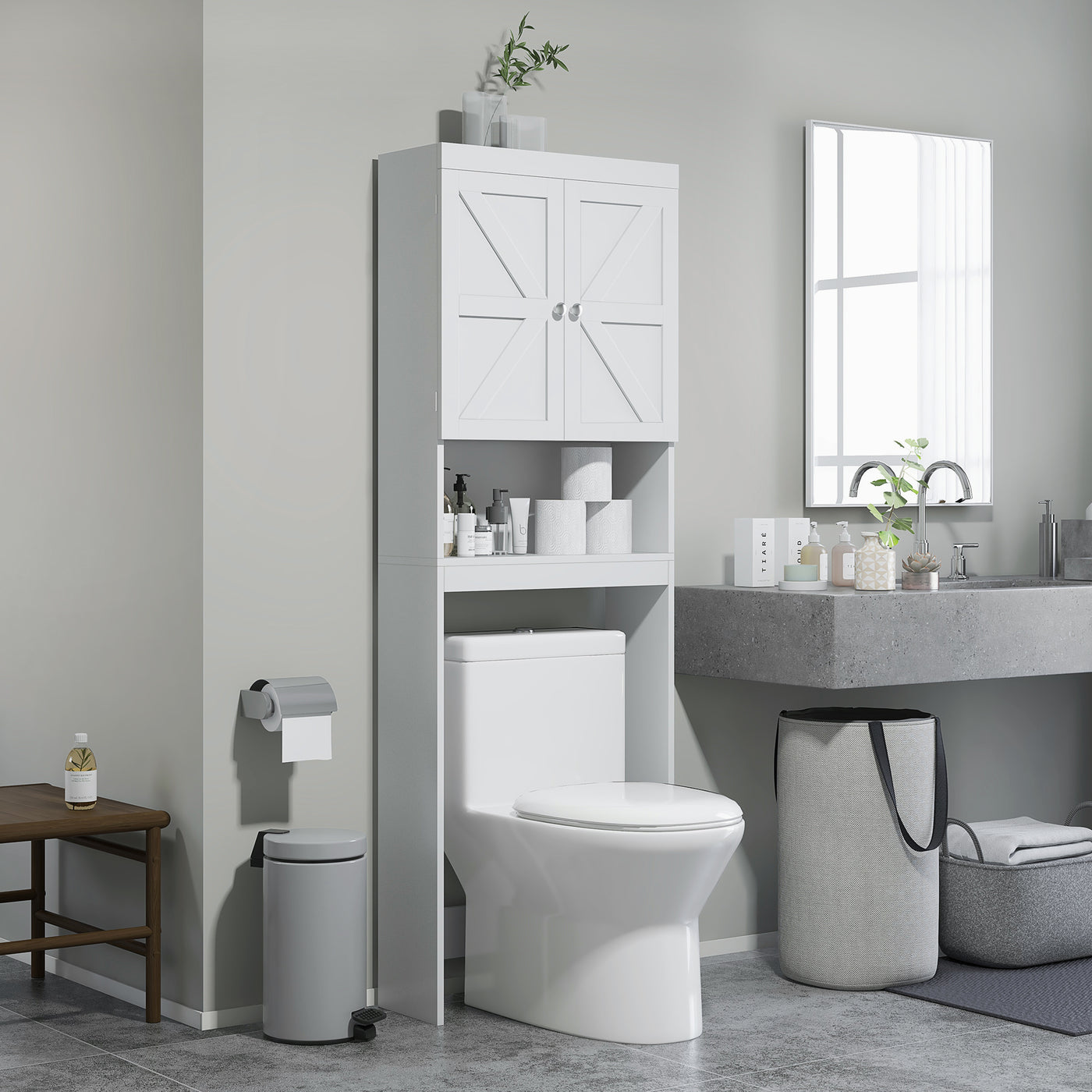 Over The Toilet Cabinet, Modern Bathroom Above Toilet Storage with Barn Doors and Open Shelf, White