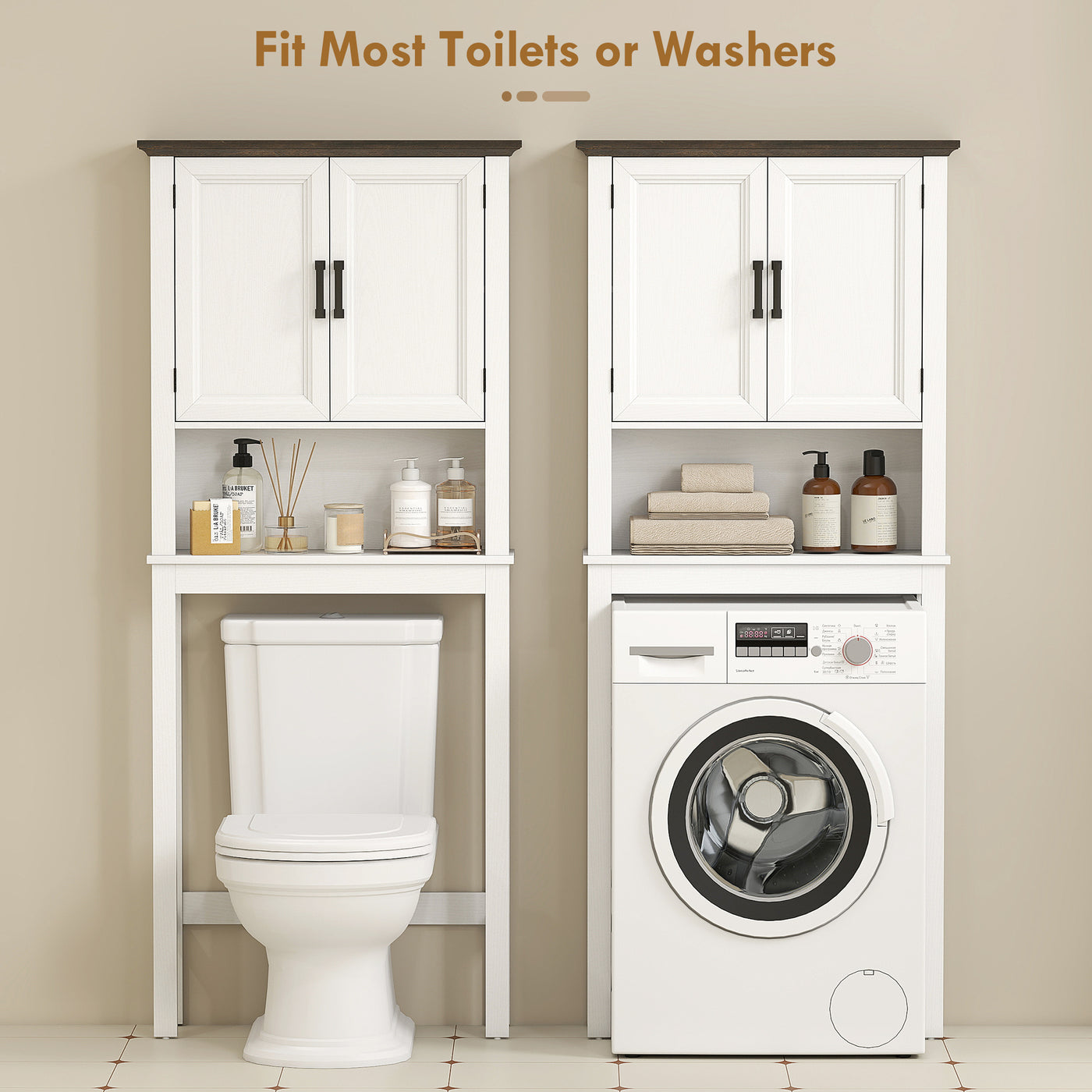 Over The Toilet Storage, Bathroom Cabinet Over Toilet with Open Shelf and Adjustable Bottom Bar, White