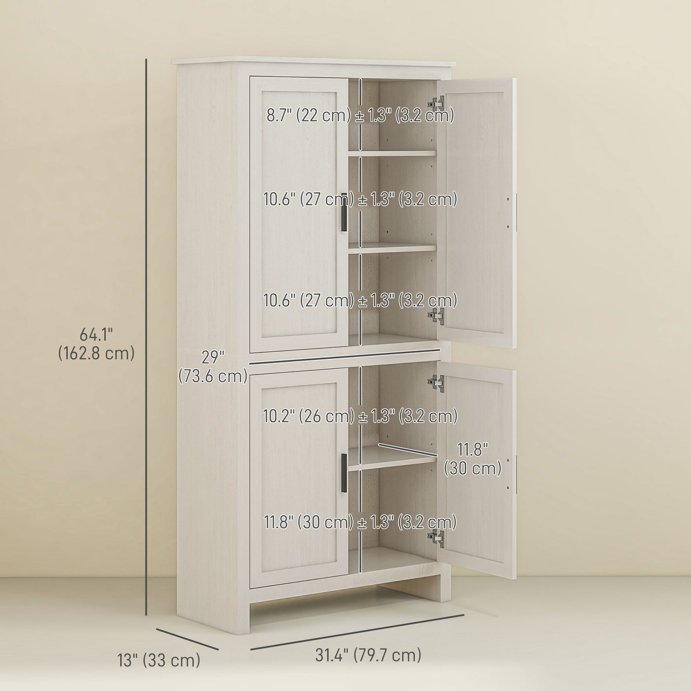 64" Kitchen Pantry Cabinet, Freestanding Storage Cabinet with 4 Doors, 3 Adjustable Shelves, Antique White