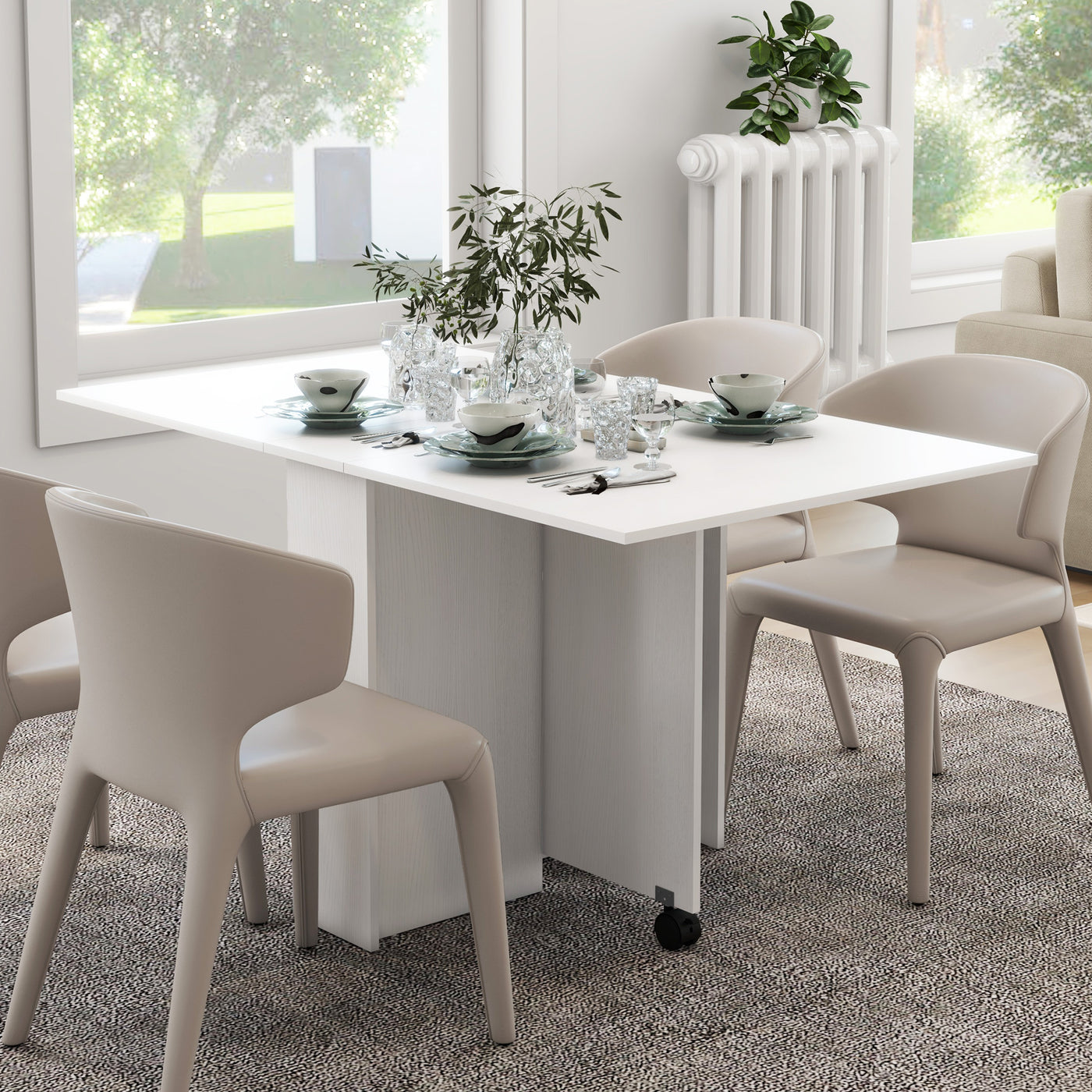 Folding Dining Table, 55" Drop Leaf Table for Small Spaces, Foldable Table with Storage Shelves for Kitchen, Dining Room, White