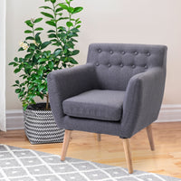 Linen Upholstery Armchair, Mid-Century Modern Accent Chair with Wood Frame and Thick Padding, Light Grey