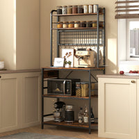 Kitchen Baker's Rack with Power Outlet and LED Light, 5-Tier Coffee Bar Station with 10 Hooks, Rustic Brown