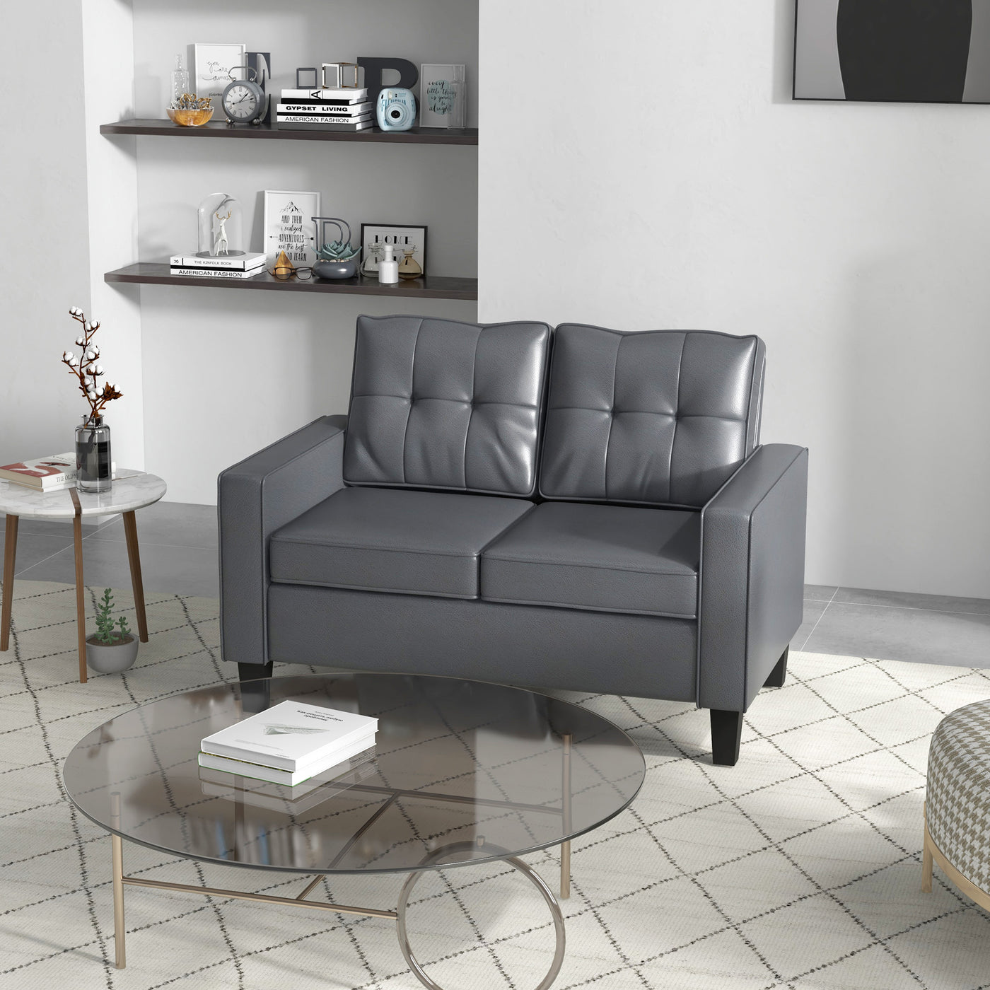 51" PU Leather Loveseat, Upholstered Double Sofa Couch with Armrests, Tufted Backrest, Pocket Spring and Sponge Padded Cushion for Living Room, Bedroom, Home Office, Grey