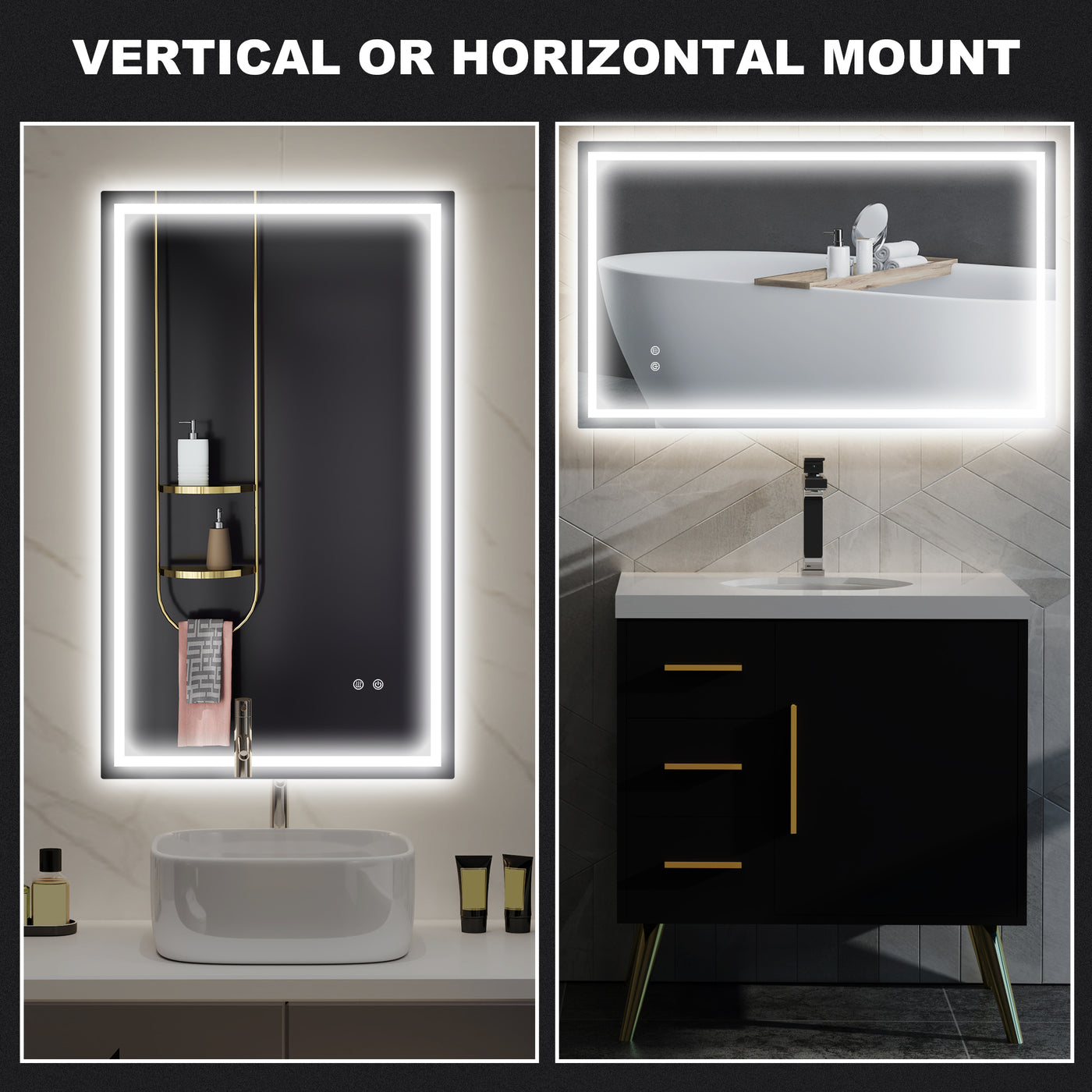 39" x 24" Bathroom Mirror with LED Lights, Wall Mounted Vanity Mirror with Anti-Fog Pad and Touch Button, Clear