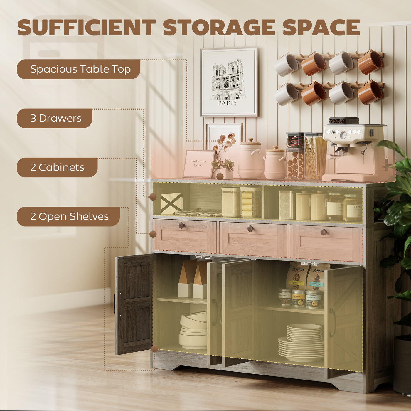 Sideboard, Buffet Cabinet with 4 Barn Doors and 3 Drawers, Coffee Bar Cabinet with Adjustable Shelves, Grey