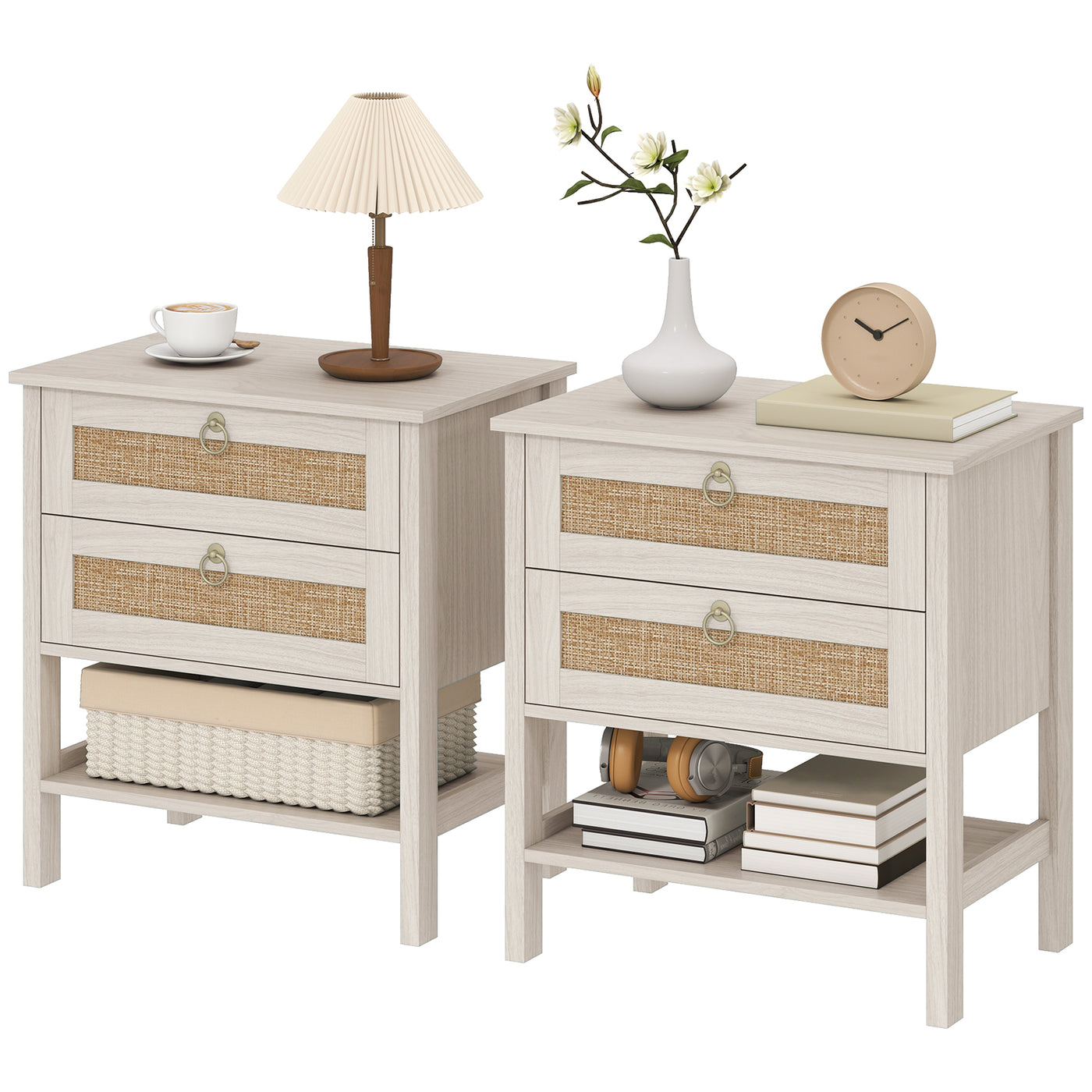 Set of 2 Boho Bedside Tables, Rattan Nightstands with 2 Drawers, Storage Shelf, End Side Tables for Bedroom, White Oak