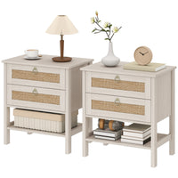 Set of 2 Boho Bedside Tables, Rattan Nightstands with 2 Drawers, Storage Shelf, End Side Tables for Bedroom, White Oak