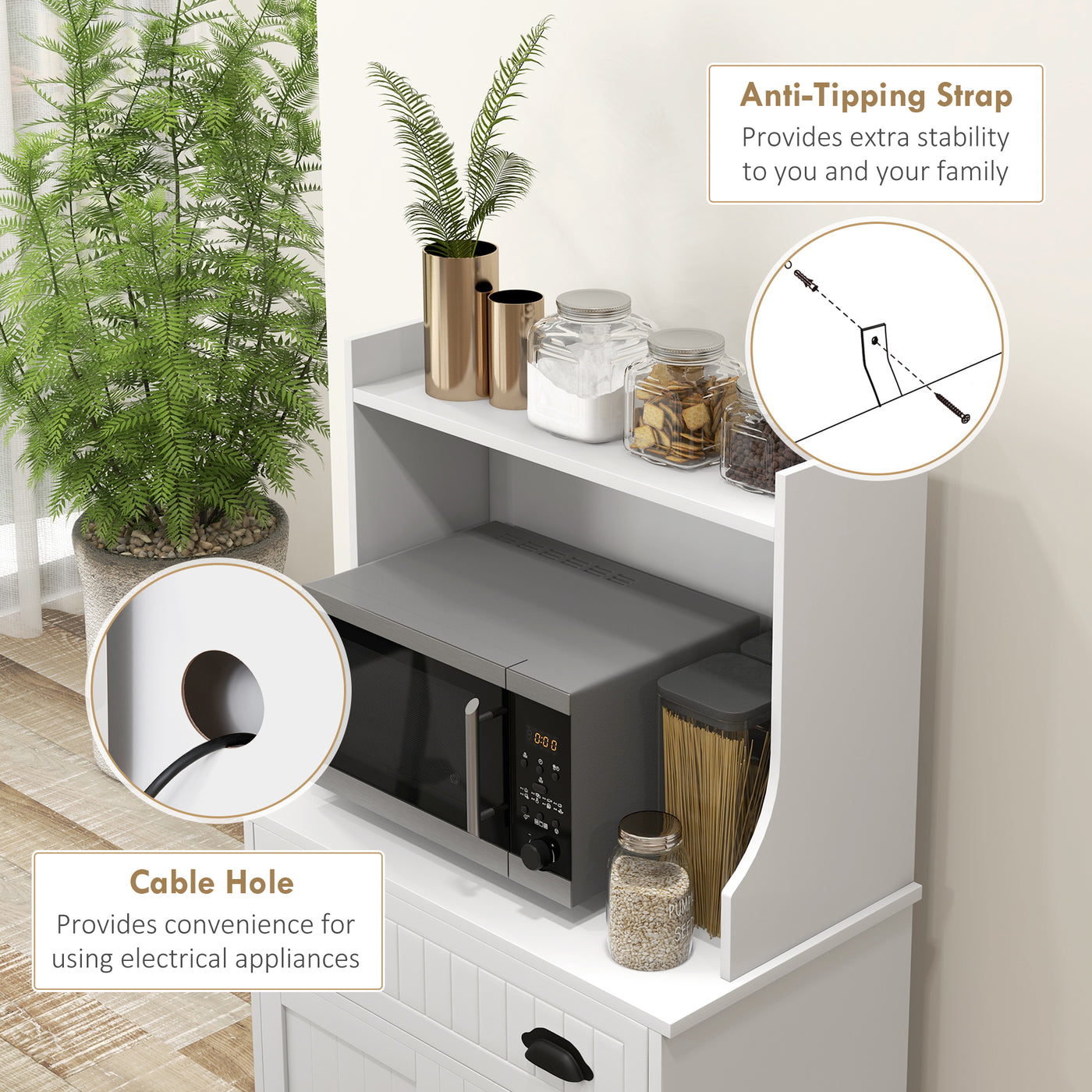 Microwave Cabinet, Kitchen Storage Cabinet with Drawer and Adjustable Shelf, White
