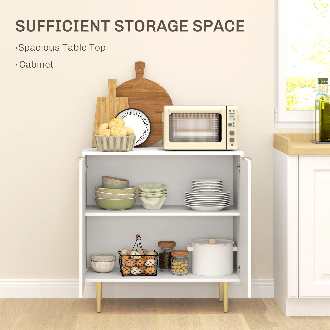 Modern Kitchen Storage Cabinet, Sideboard Buffet Cabinet with Adjustable Shelves and Metal Legs for Kitchen, White